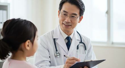 Asian doctor consults with a young girl during a medical examination.