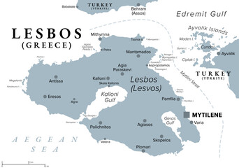 Obraz premium Lesbos, Greek island, gray political map. Also called Lesvos, located in the northeastern Aegean Sea, separated from Asia Minor by the Mytilini Strait, and with the capital and largest city Mytilene.