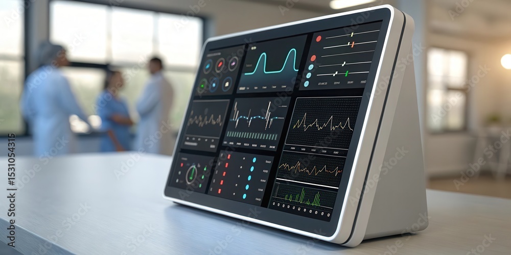 Poster digital health solutions for healthcare. medical monitor displaying vital signs in a healthcare sett