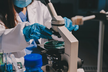 Scientist pipetting medical samples into microplate in laboratory