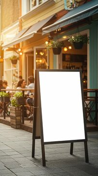 Blank street sign in front of outdoor cafe