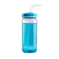 Clear plastic bottle with light blue liquid and white straw against a black background; perfect for hydration and staying refreshed.