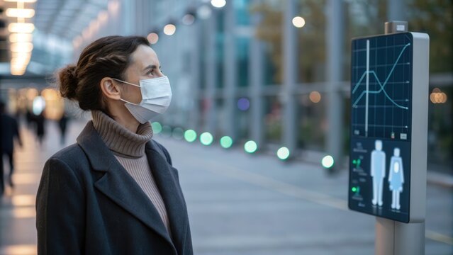 Digital Health Solutions for Healthcare. Woman in mask observes digital health display in urban setting.