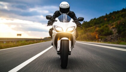 A Front and Center Cinematic View of an All-White Motorcycle Racer Speeding with a Motion-Blurred Background and Dramatic Lighting, Showcasing Power, Precision, and High-Speed Racing Intensity