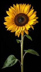 Naklejka premium Vivid sunflower illuminated by natural light against a deep black background