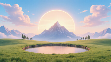 Obraz premium An illustration of mountains trees and grassy fields