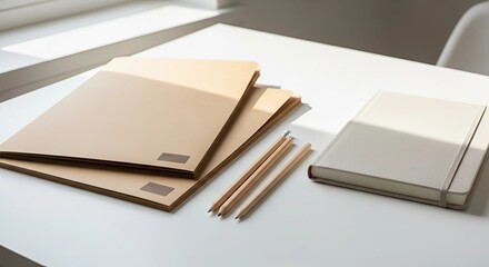 Kraft folders, wooden pencils, and linen notebook neatly arranged on white surface with soft shadows