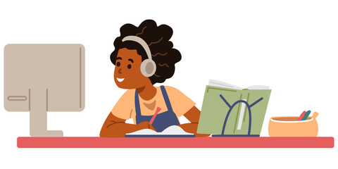 African American school girl in earphones studying at home sitting at desk and looking to computer screen flat vector illustration isolated on white. Primary school kid studying online or homeschoolin