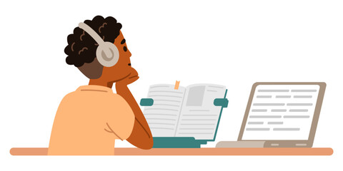 African American school boy in earphones studying at home making homework sitting at desk with textbook and laptop flat vector illustration isolated on white. Primary school kid studying online