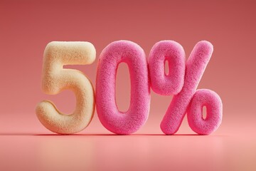 A large, textured pink 50 percent sign is positioned against a soft orange backdrop, surrounded by colorful beads and small decorative elements, ideal for a sale announcement.