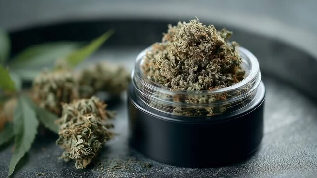 Microdose Cannabis Concept ,High Quality Green Herbal Cannabis Buds in Clear Jar for Natural Relaxation and Texture Showcase