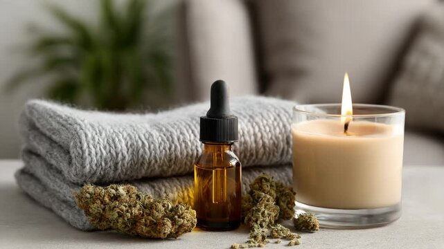 Microdose Cannabis Concept ,Relaxing spa atmosphere with essential oil, candle, soft towels for ultimate wellness