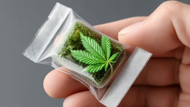 Microdose Cannabis Concept ,Hand Holds Small Package of Green Freshness with Leaf, Symbolizing Nature and Herbal Culture