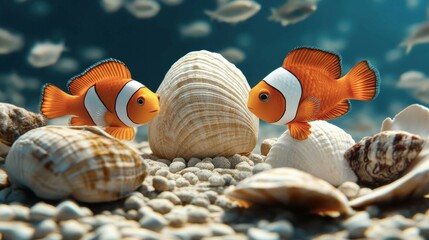 Two orange clownfish are swimming around a rock in a tank