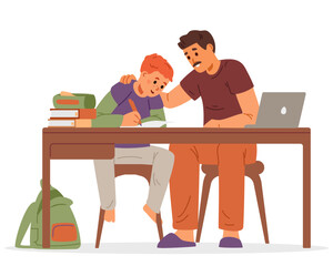 Father and son studying at home at desk flat vector illustration isolated on white. Homeschooling concept.