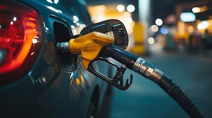 Car Refueling at Gas Station at Night Yellow Nozzle and Rear Light View