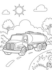 Black and White Line Art Tanker Truck on Road Coloring Page Kids Illustration Simple Landscape Sun Trees