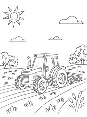 Black and White Line Art Tractor Coloring Page Farm Scene Sun Clouds Kids Activity field agriculture
