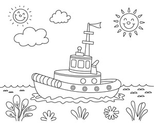 Black and White Line Art Tugboat Coloring Page Happy Sun Clouds Sea Plants Kids Activity ship ocean