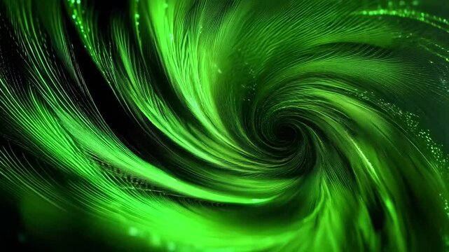 Abstract swirling vortex of bright emerald green lines and glowing particles