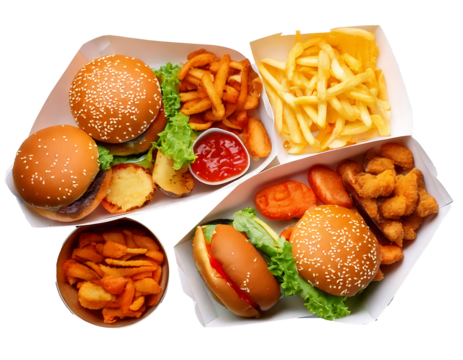 Flat Lay Fast Food Combo Meal with Burger, Fries, and Drink on transparent background and white background – Ideal for Menu Design, Advertising, and Promotional Content