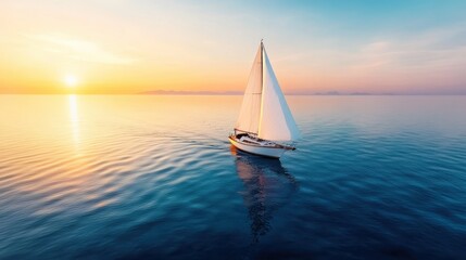 Obraz premium A serene sailing boat glides on the calm ocean waters during sunset, creating a peaceful scene that captures the tranquility and beauty of nature's evening colors.