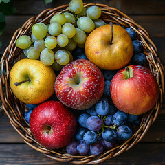 Fresh Apples and Grapes in Wicker Basket on Rustic Table