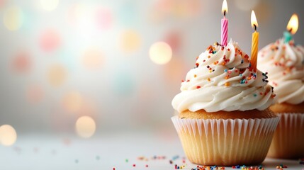 A vibrant display of birthday cupcakes topped with whimsical frosting and cheerful candles, embodying the essence of festive celebration and joyful gatherings for special occasions.