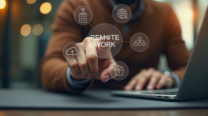 A person engages with icons representing Remote Work, cloud storage, organization, and productivity for the future of work