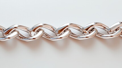 Fototapeta premium A close-up view of a polished silver chain lying on a white surface, showcasing its smooth, reflective texture and interconnected links that symbolize strength and unity.