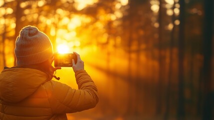 Woman taking photo of forest sunset with smartphone in autumn