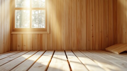 Naklejka premium A tranquil wooden sauna interior beautifully illuminated by sunlight streaming through a window, highlighting the serene atmosphere and inviting wooden textures.