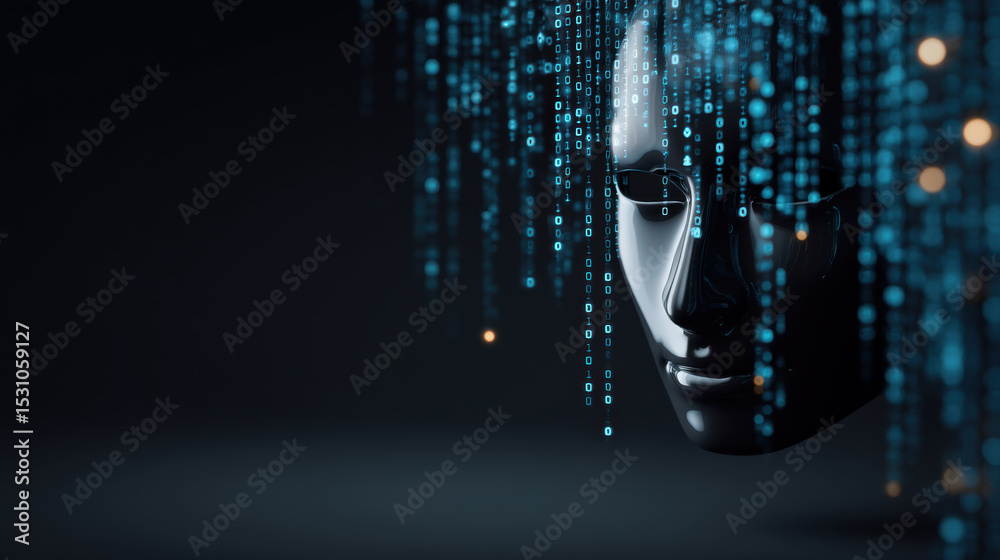 Poster futuristic black mask with digital binary code streams symbolizes network security and advanced tech