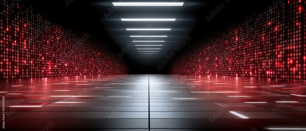 Poster digital network security concept with glowing red binary code on walls and futuristic corridor illum