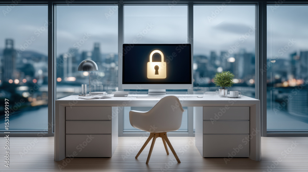 Poster modern office desk with computer displaying lock symbol representing network security in bright work