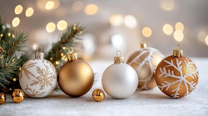 Festive Christmas ornaments of gold and white.