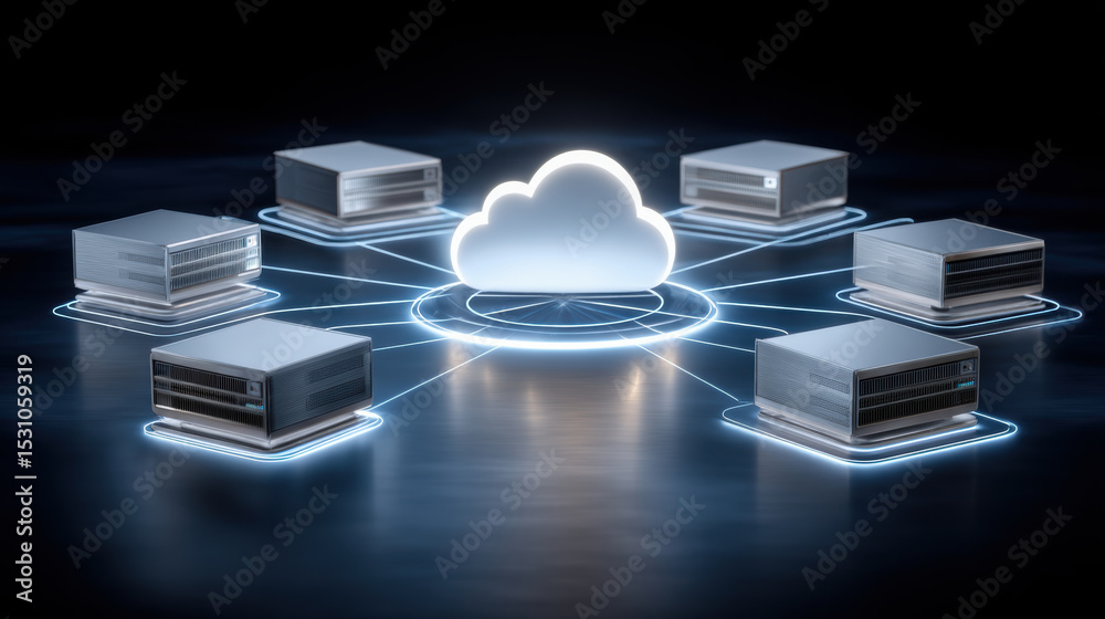 Poster cloud network security concept with server connected to cloud storage and data center for internet t