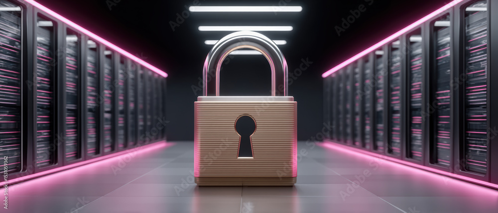 Poster metallic padlock symbolizes network security in data center with server racks and neon lighting crea