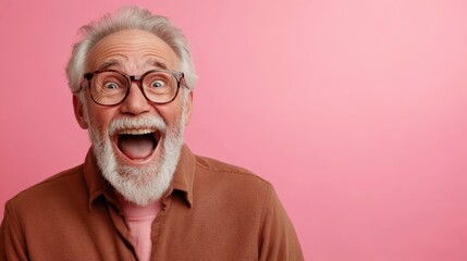A joyful elderly man with glasses smiles broadly against a pink background, conveying happiness and the joy of living a fulfilling life in later years.