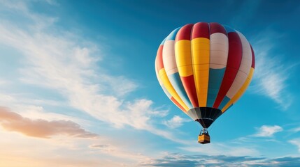 Naklejka premium A vibrant hot air balloon takes to the sky, showcasing a colorful blend of fabrics against a clear blue backdrop, evoking feelings of freedom and adventure.