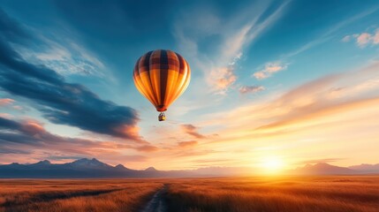 Fototapeta premium An enchanting scene of a hot air balloon drifting over serene mountains during sunset, creating a picturesque landscape filled with warm colors and tranquility.