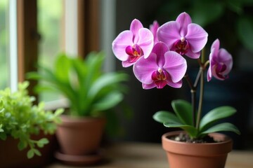 Delicate pink orchid blooms in a terracotta pot , nature, home