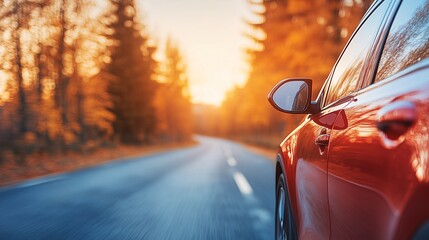 Red car driving on autumn road with sunset light reflections
