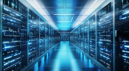 Modern Data Center with Rows of Server Racks Emitting Blue Light