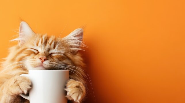 A content ginger cat cuddles a coffee cup, radiating joy and warmth against an orange backdrop, embodying coziness and playful feline personality.