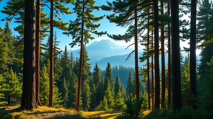 View of distant mountains through a clearing in a dense pine forest
