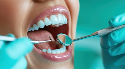 A close-up image capturing a dental checkup scene with a dentist's tool poised to examine a healthy, radiant smile, emphasizing the importance of oral health and hygiene.