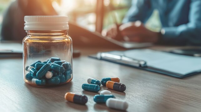Close-up of chronic illness medication bottles on a table.
