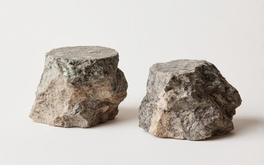 Naklejka premium Two rough-hewn stone pedestals, light gray and taupe, with irregular shapes, on a plain background