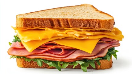 A close-up of a ham and cheese sandwich